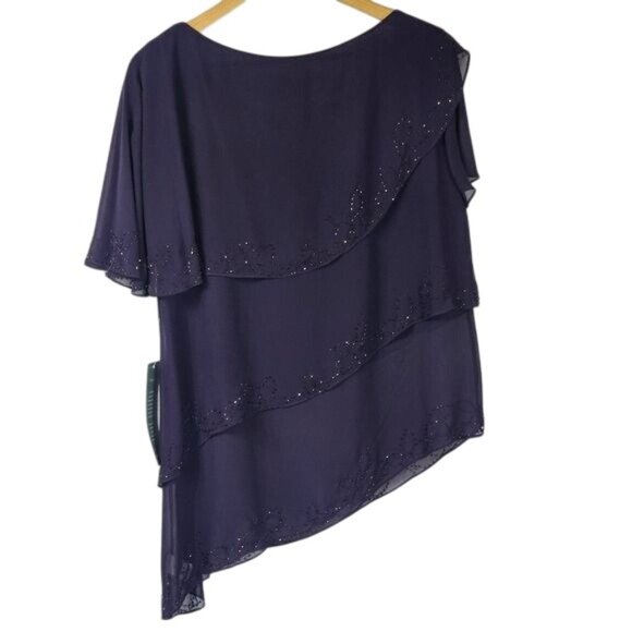 Coldwater Creek Purple Tiered Chiffon Boatneck Blouse Sz 14 Beaded Asymmetrical - Picture 2 of 11